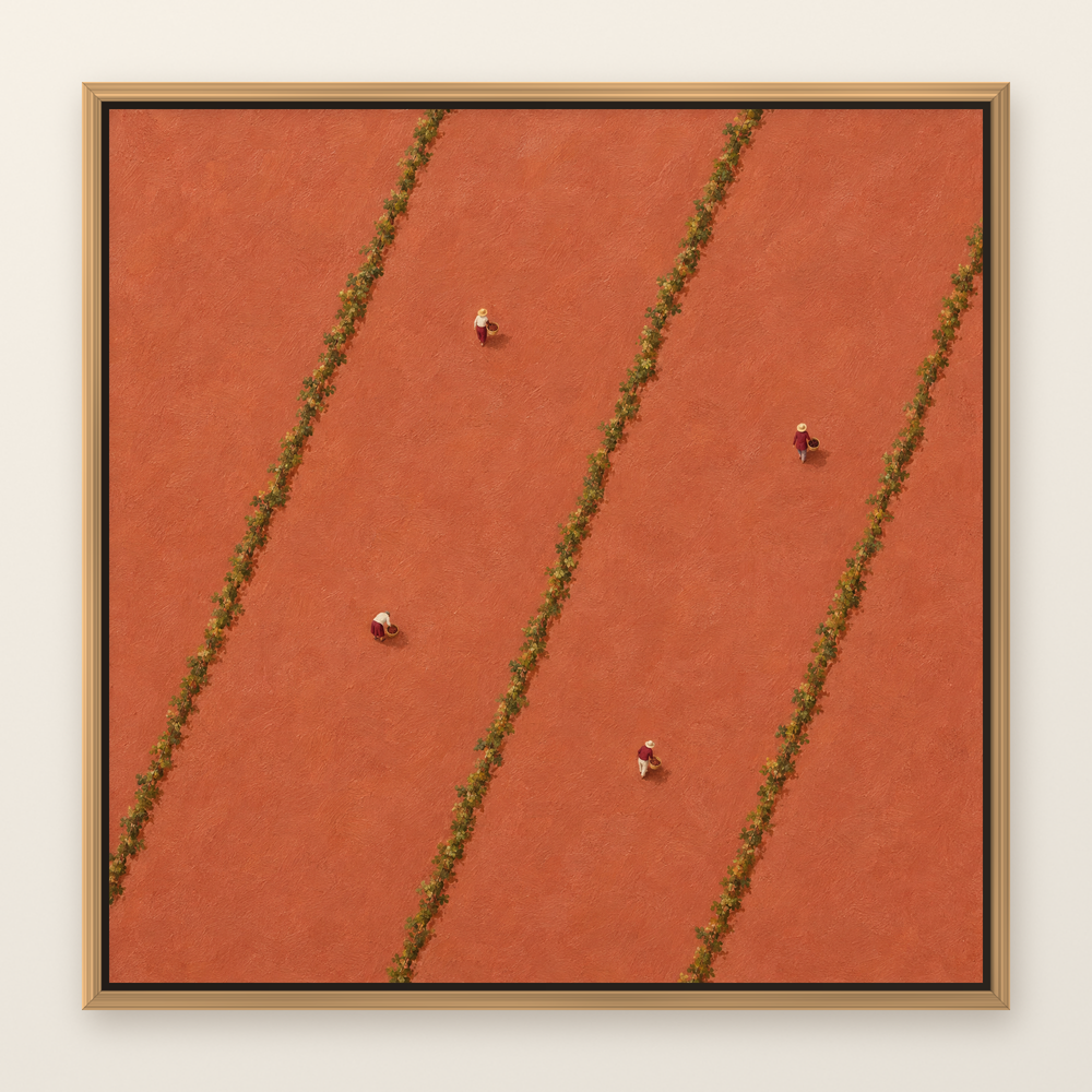 Aerial vineyard oil painting with tiny grape pickers between vine rows, shown in a slim oak floater frame on a warm white wall