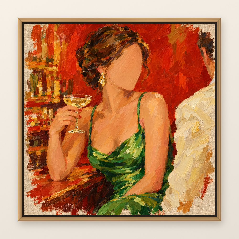 Expressive oil painting of a woman in a green satin dress holding champagne, shown in a slim oak floater frame on a warm white wall