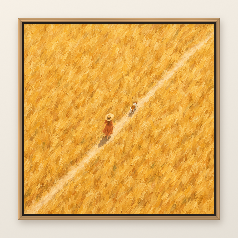 Aerial oil painting of a woman in a straw hat walking a dog through a golden wheat field, shown in a slim oak floater frame on a warm white wall