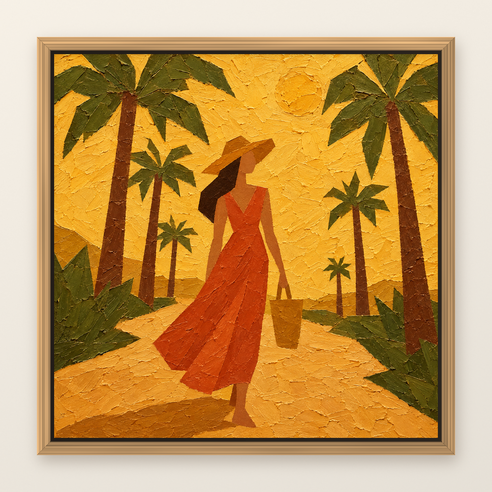 Oil painting of a woman in a terracotta dress walking under palm trees, shown in a slim oak floater frame on a warm white wall