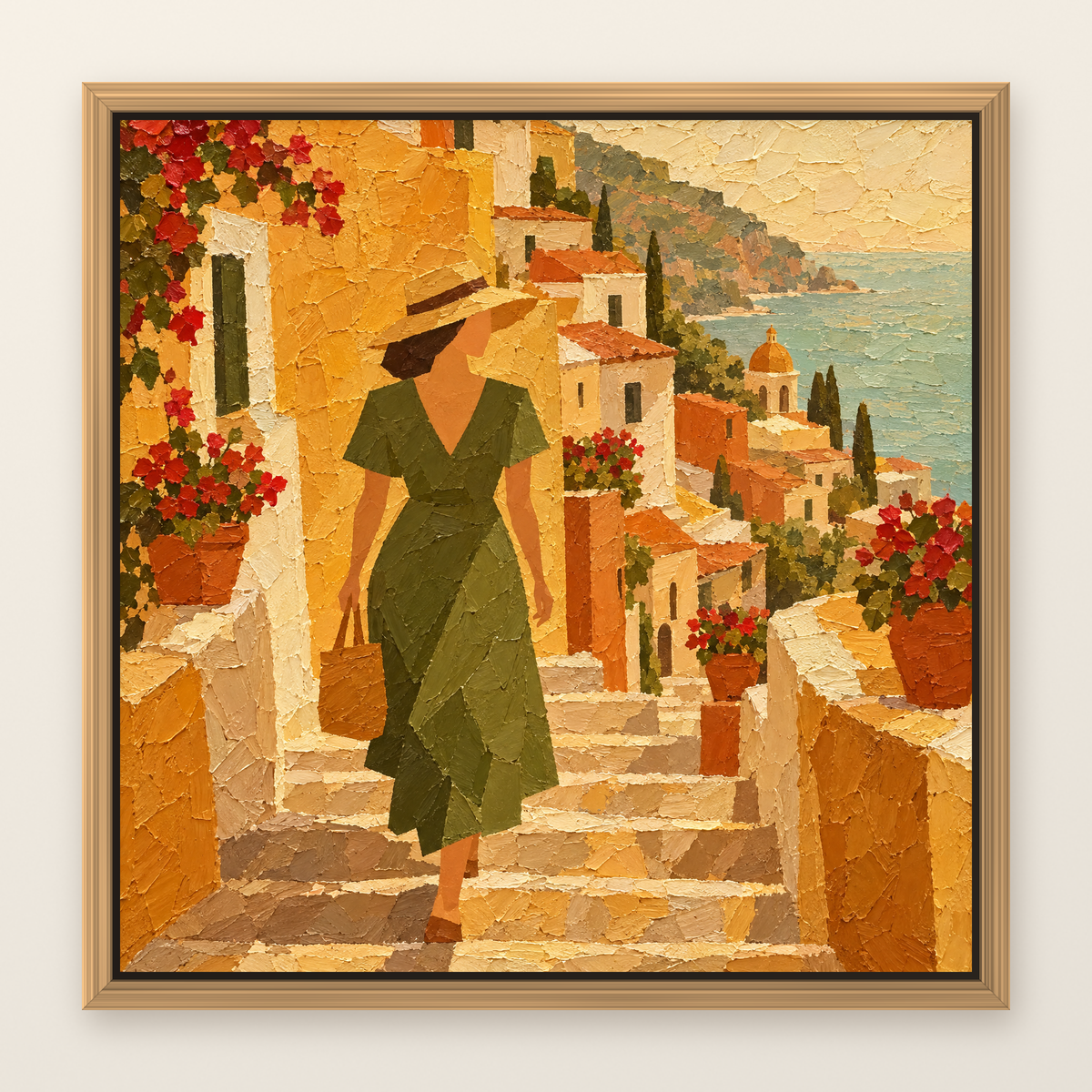Amalfi Coast oil painting of a woman walking down sunlit village steps, shown in a slim oak floater frame on a warm white wall