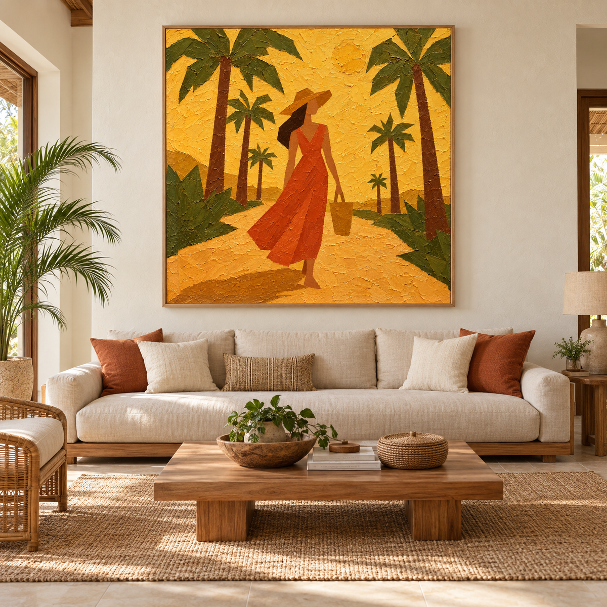 Oversized 72x72 inch oil painting of a woman in a terracotta dress walking under palm trees above a sofa in a tropical resort-style living room