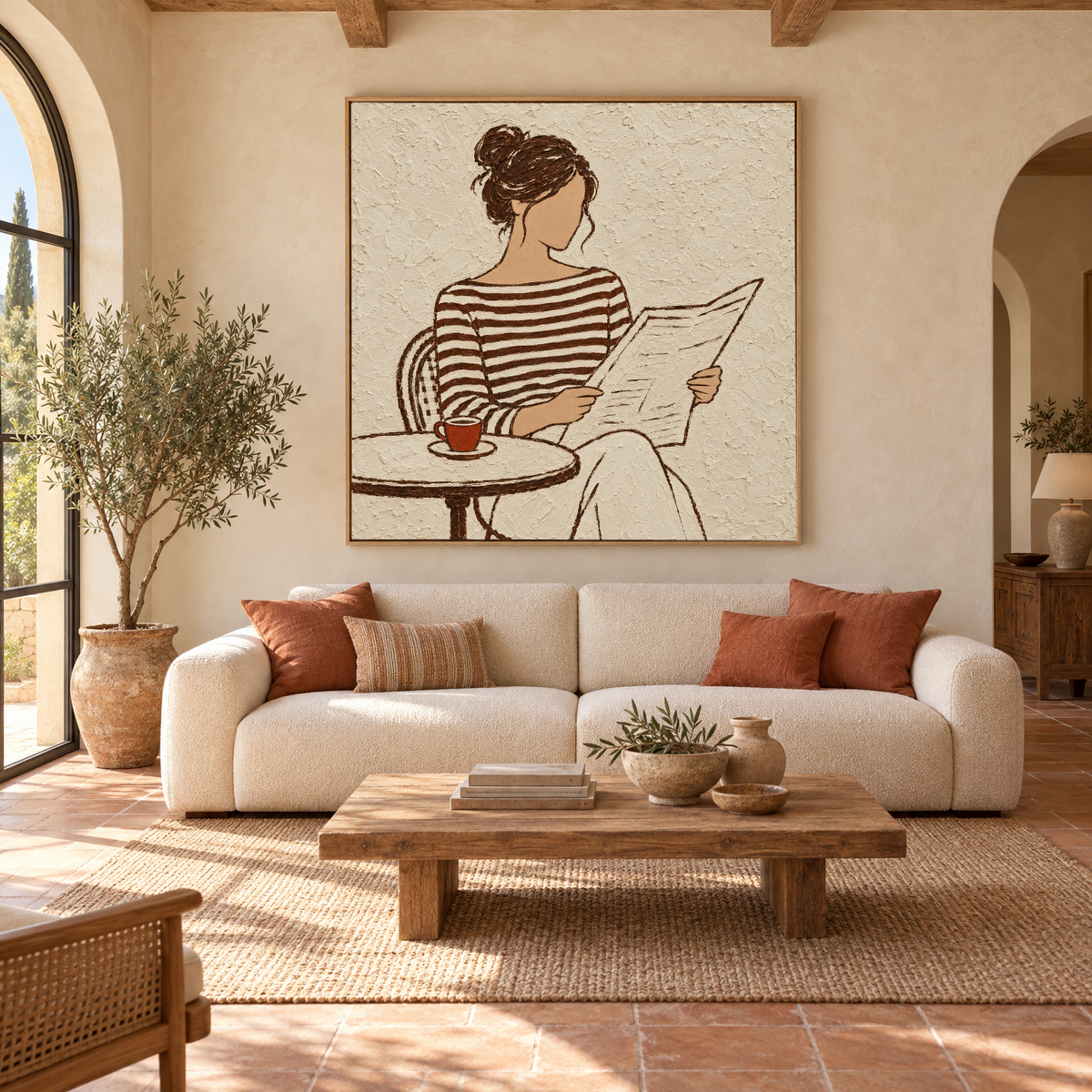 Oversized 72x72 inch line art oil painting of a woman in a striped top reading at a cafe table above a sofa in a sunlit Mediterranean villa living room