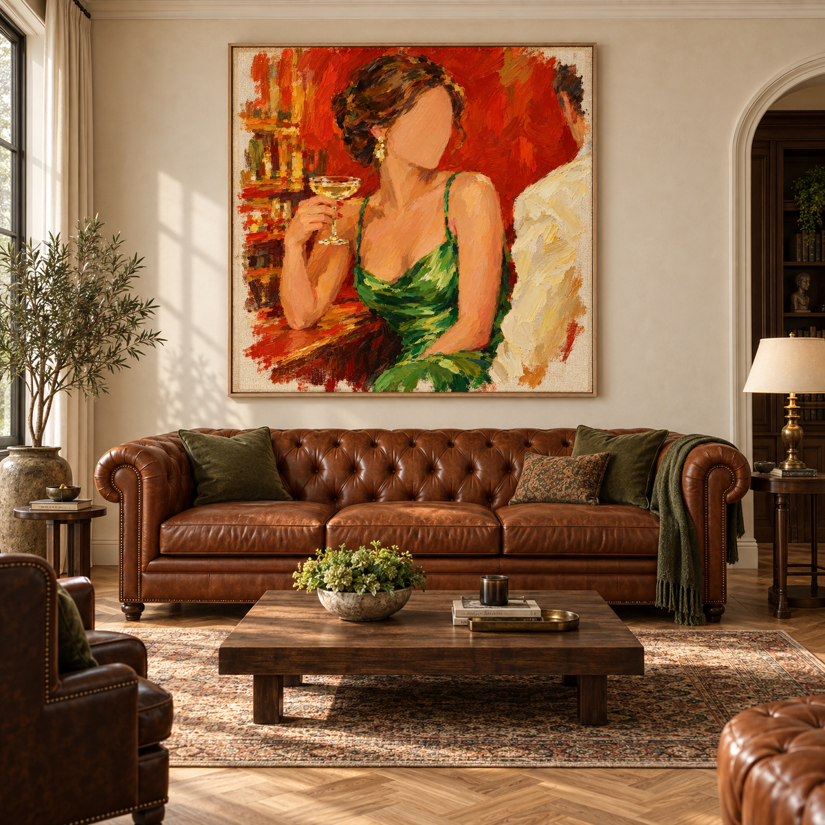 Oversized 72x72 inch expressive oil painting of a woman in a green satin dress holding champagne above a sofa in a classic clubhouse-style living room