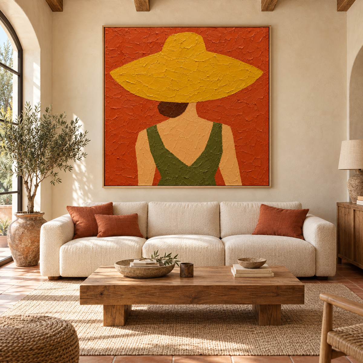 Oversized 72x72 inch oil painting of a woman in an oversized straw hat seen from behind above a sofa in a sunlit Mediterranean villa living room