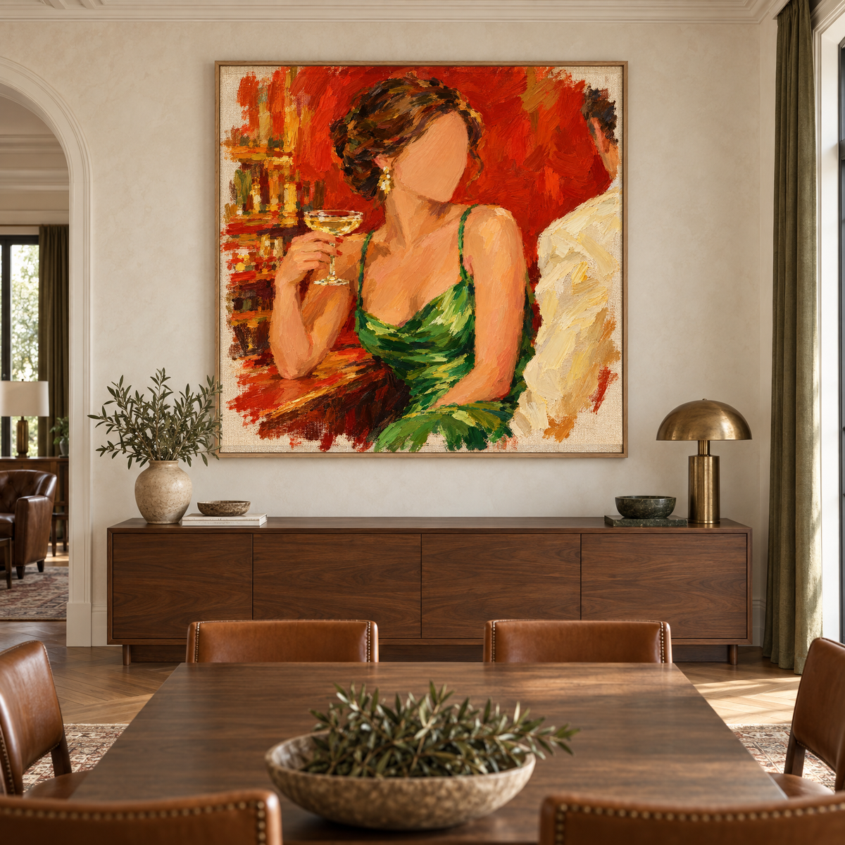 Oversized 72x72 inch expressive oil painting of a woman in a green satin dress holding champagne above a sideboard in a classic clubhouse-style dining room