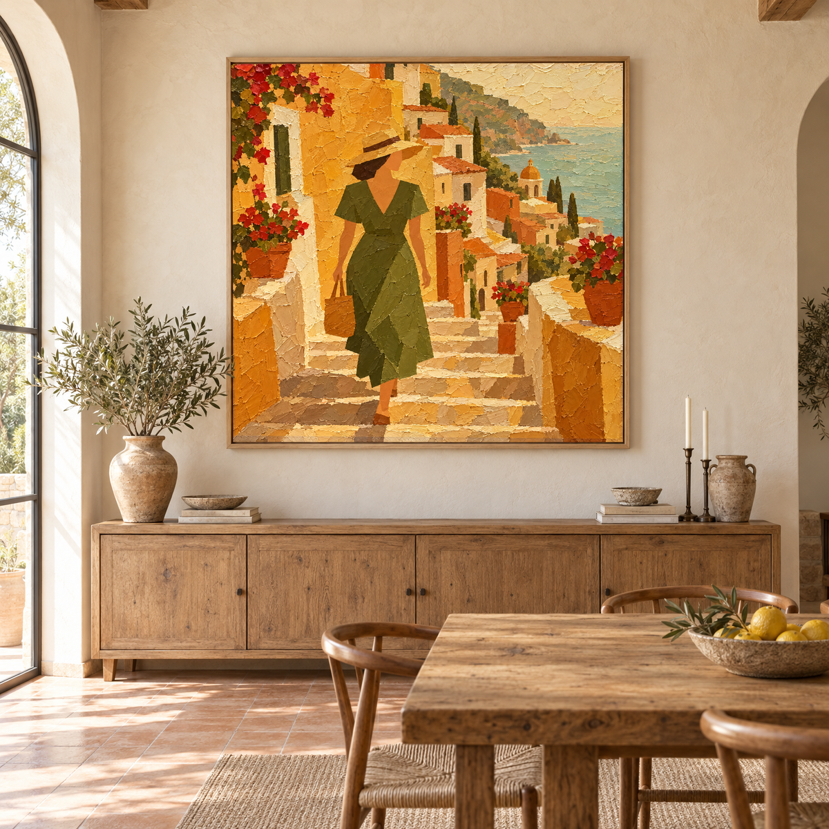 Oversized 72x72 inch Amalfi Coast oil painting of a woman walking down sunlit village steps above a sideboard in a sunlit Mediterranean villa dining room