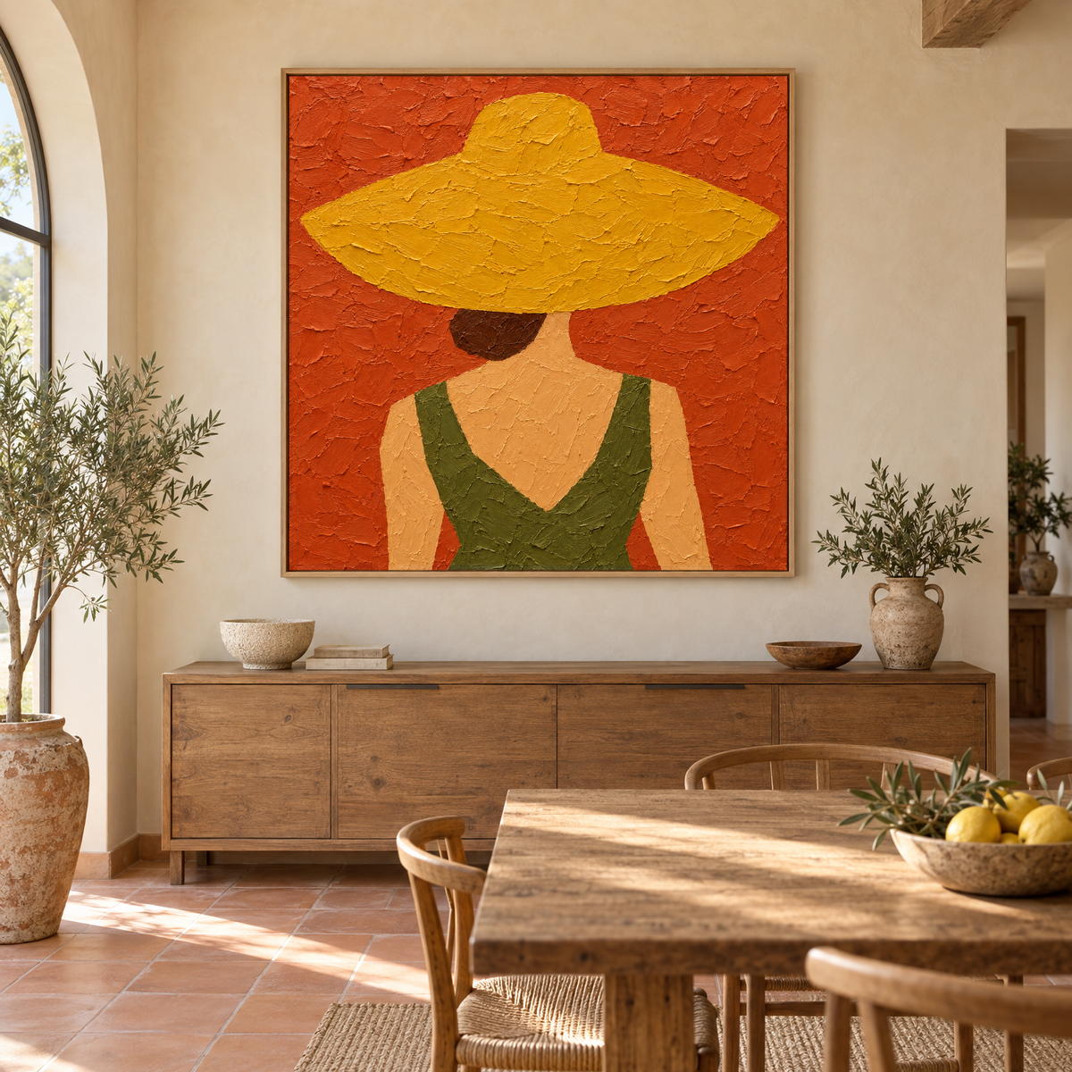 Oversized 72x72 inch oil painting of a woman in an oversized straw hat seen from behind above a sideboard in a sunlit Mediterranean villa dining room