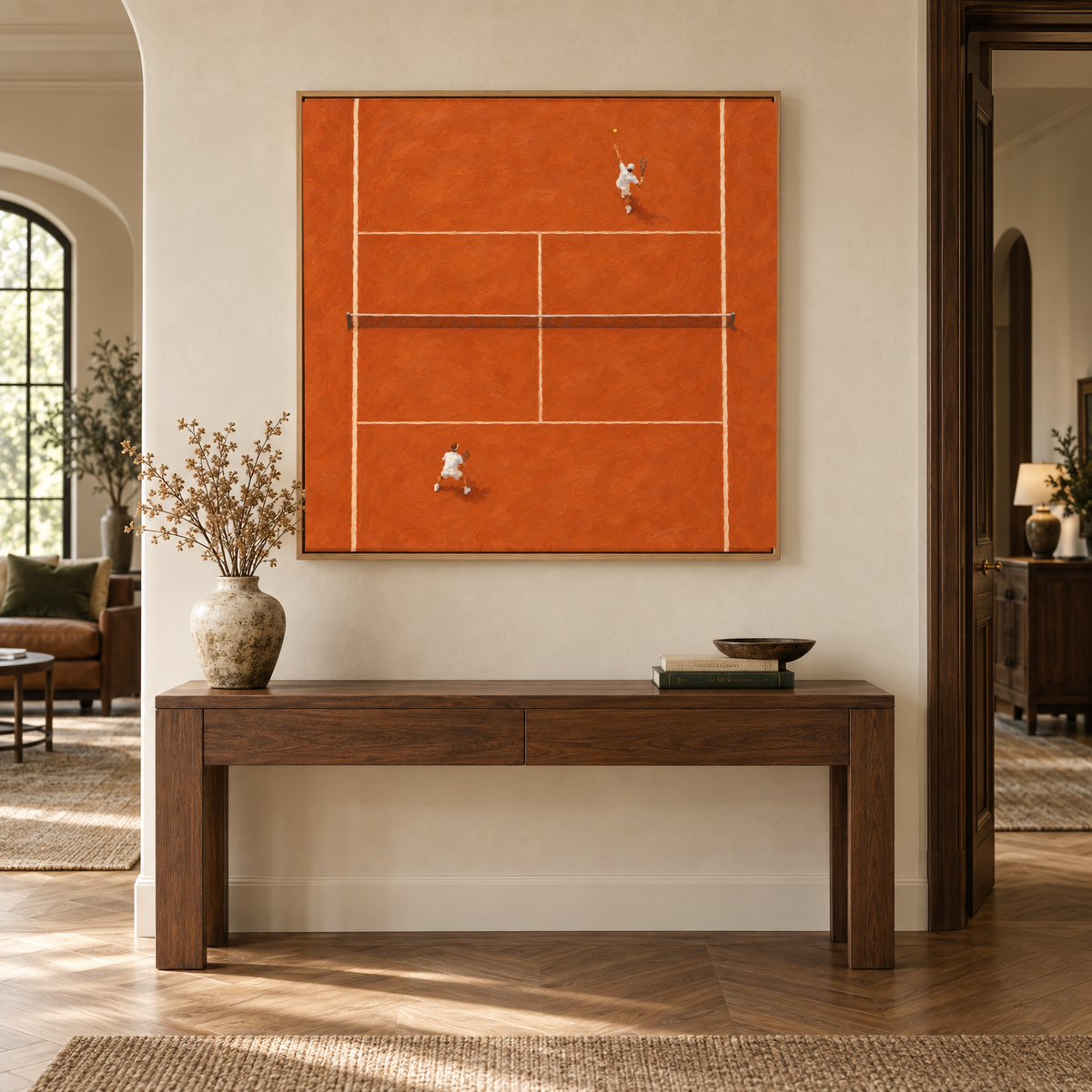 40x40 tennis oil painting above an entryway console