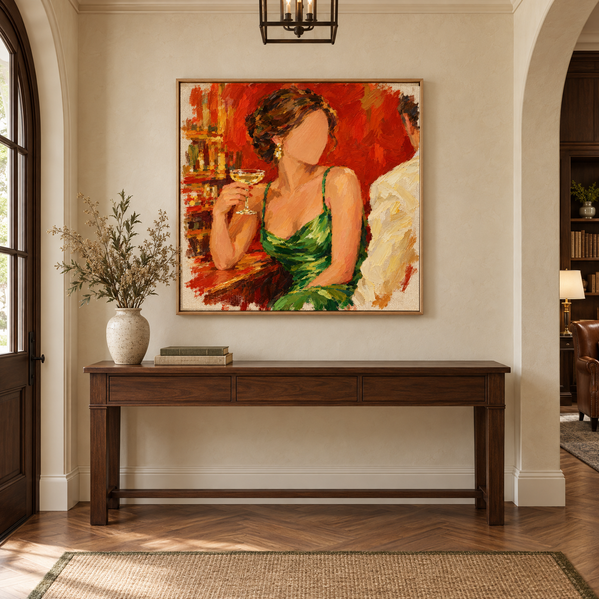 40x40 inch expressive oil painting of a woman in a green satin dress holding champagne above a console table in a classic clubhouse-style entryway