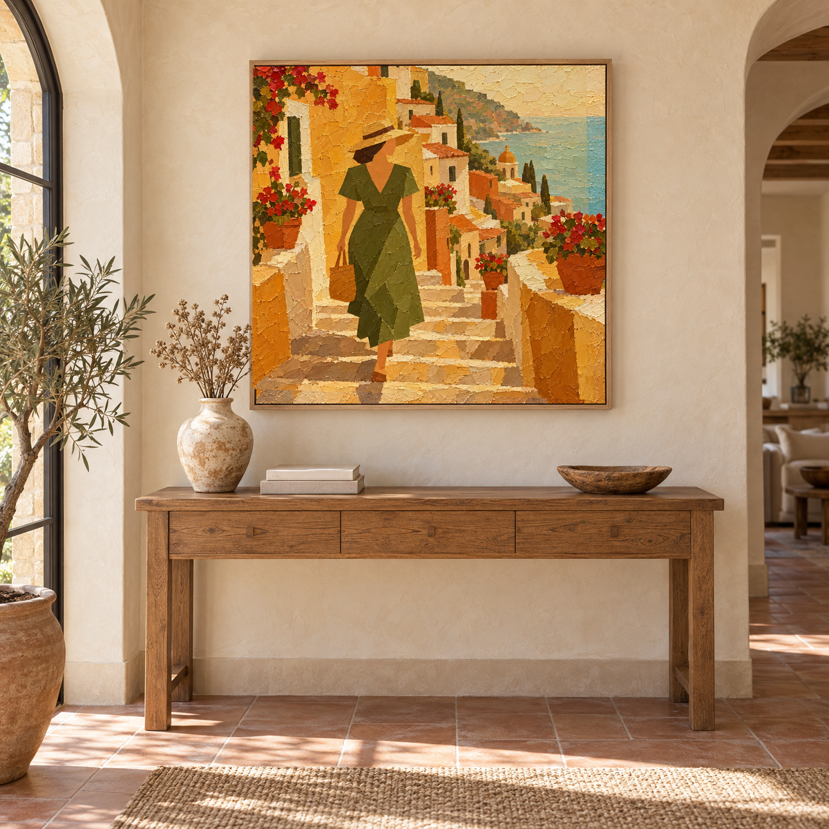 40x40 inch Amalfi Coast oil painting of a woman walking down sunlit village steps above a console table in a sunlit Mediterranean villa entryway