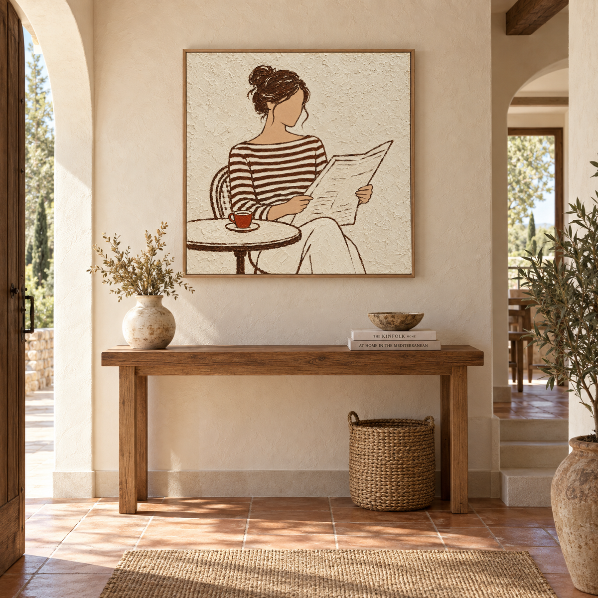 40x40 inch line art oil painting of a woman in a striped top reading at a cafe table above a console table in a sunlit Mediterranean villa entryway