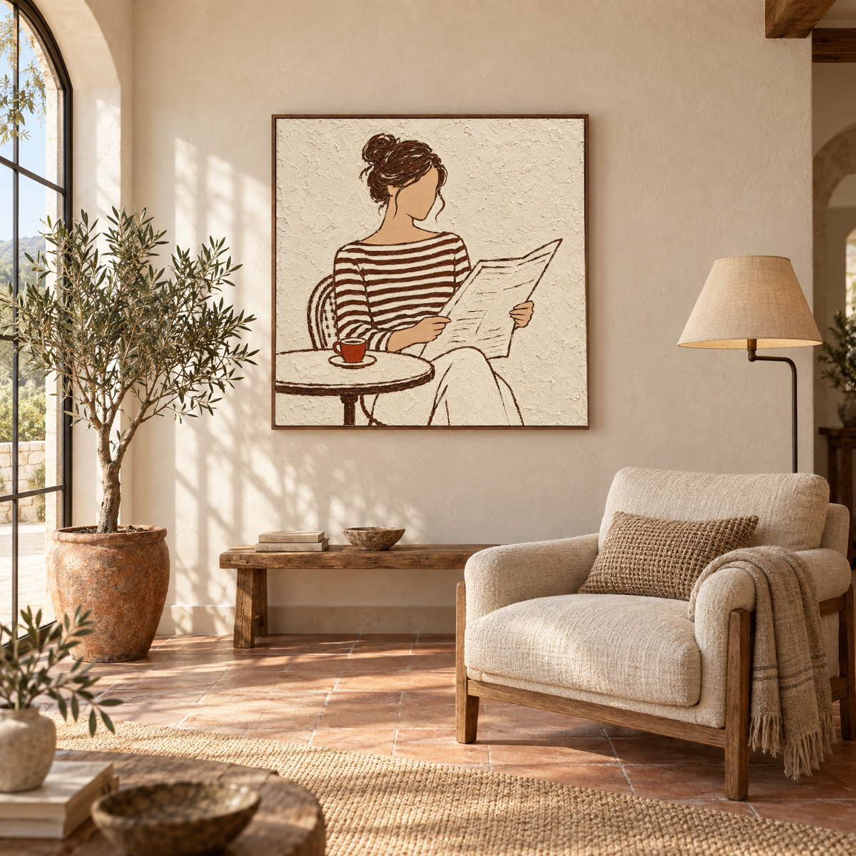 40x40 inch line art oil painting of a woman in a striped top reading at a cafe table in a walnut frame in a sunlit Mediterranean villa reading corner