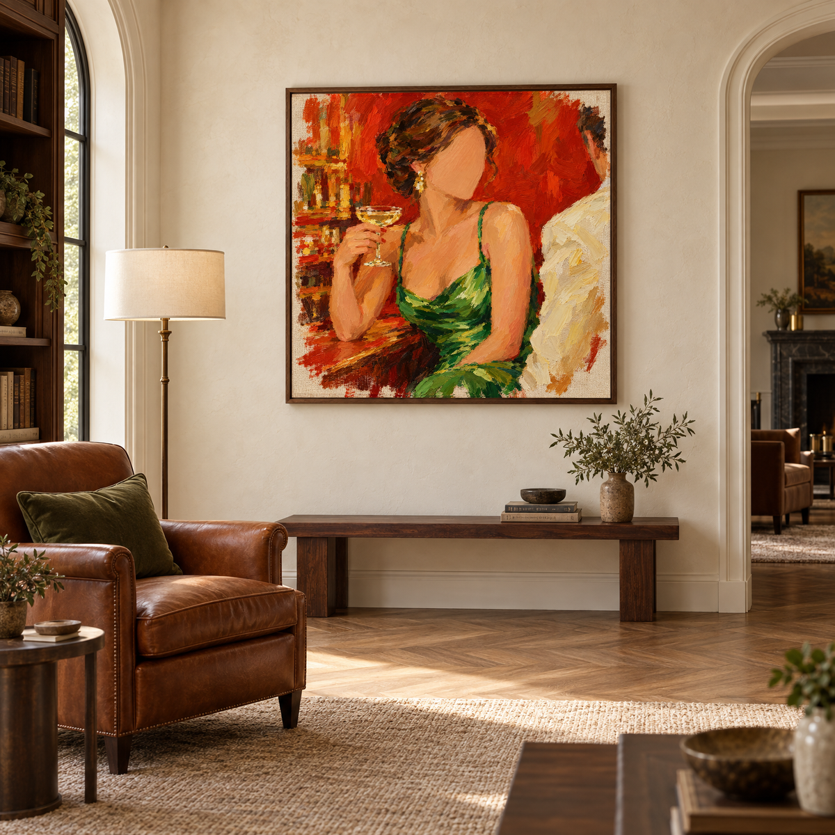 40x40 inch expressive oil painting of a woman in a green satin dress holding champagne in a walnut frame in a classic clubhouse-style reading corner