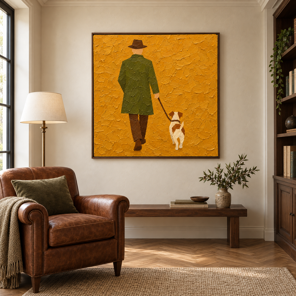 40x40 inch oil painting of a man in an olive coat walking a small dog in a walnut frame in a classic clubhouse-style reading corner