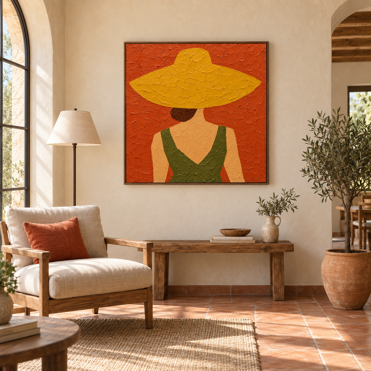 40x40 inch oil painting of a woman in an oversized straw hat seen from behind in a walnut frame in a sunlit Mediterranean villa reading corner
