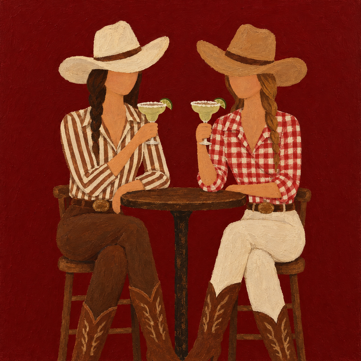 Western folk art oil painting of two cowgirls toasting margaritas, full artwork detail