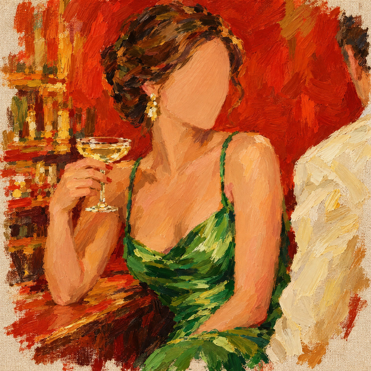 Expressive oil painting of a woman in a green satin dress holding champagne, full artwork detail
