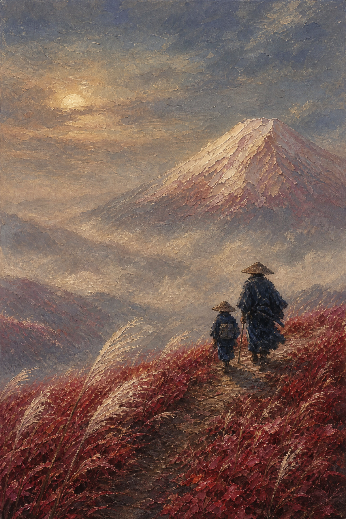 Dawn Ascent Beneath a Vermilion Moon