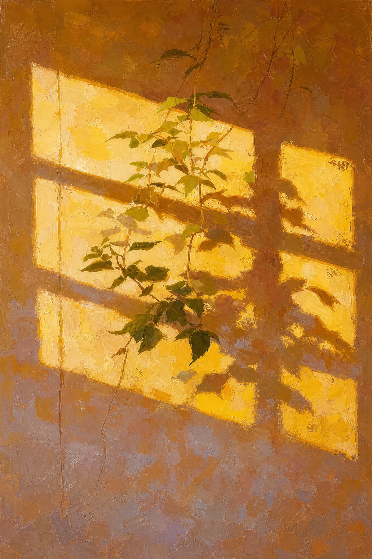 Golden Light and Vine Shadows on a Warm Wall