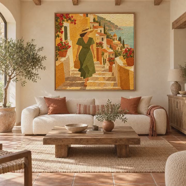 Video of the Amalfi Coast oil painting of a woman walking down sunlit village steps