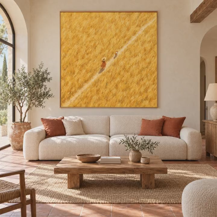 Video of the aerial oil painting of a woman in a straw hat walking a dog through a golden wheat field
