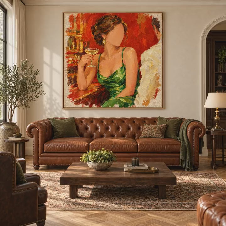 Video of the expressive oil painting of a woman in a green satin dress holding champagne