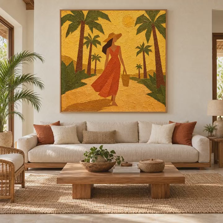 Video of the oil painting of a woman in a terracotta dress walking under palm trees