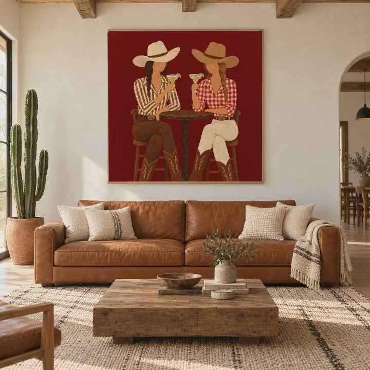Video of the western folk art oil painting of two cowgirls toasting margaritas