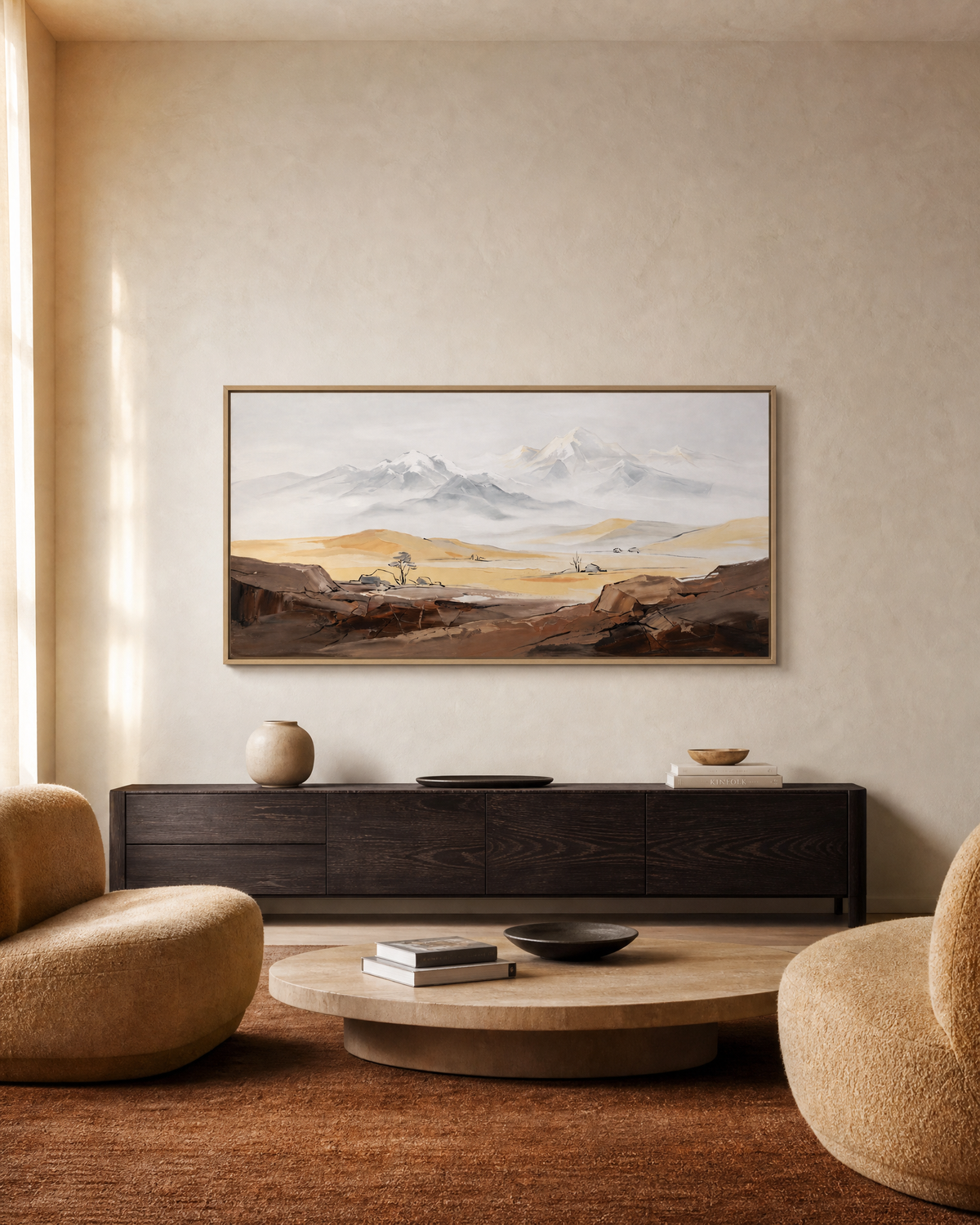 Misty Peaks over Golden Plain