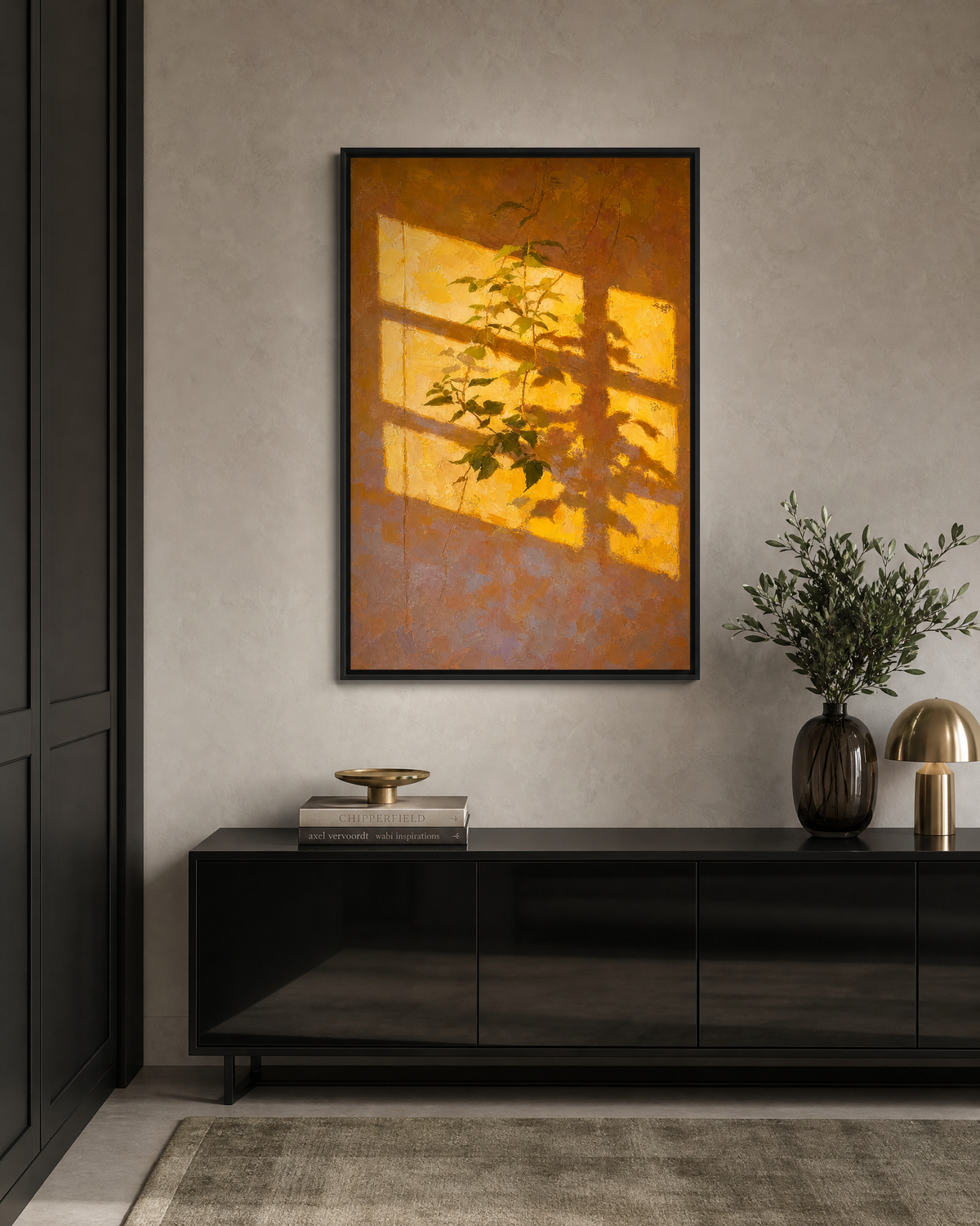 Golden Light and Vine Shadows on a Warm Wall