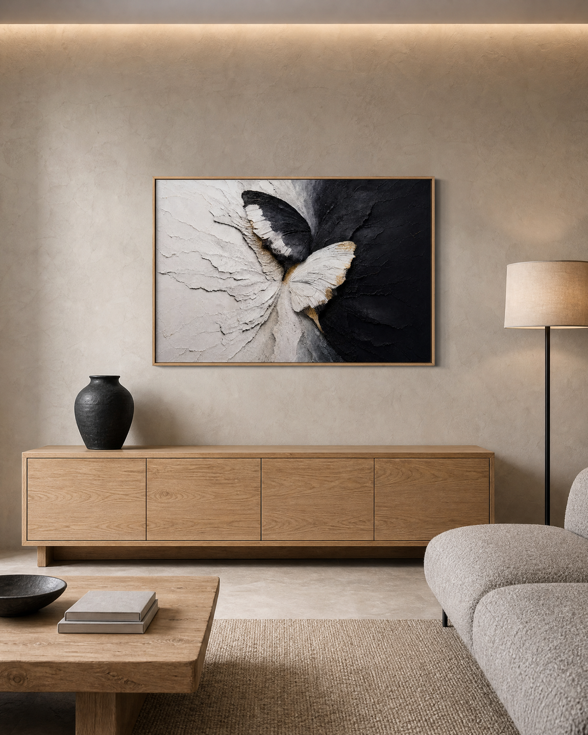 Butterfly in Black and White Textured Plaster