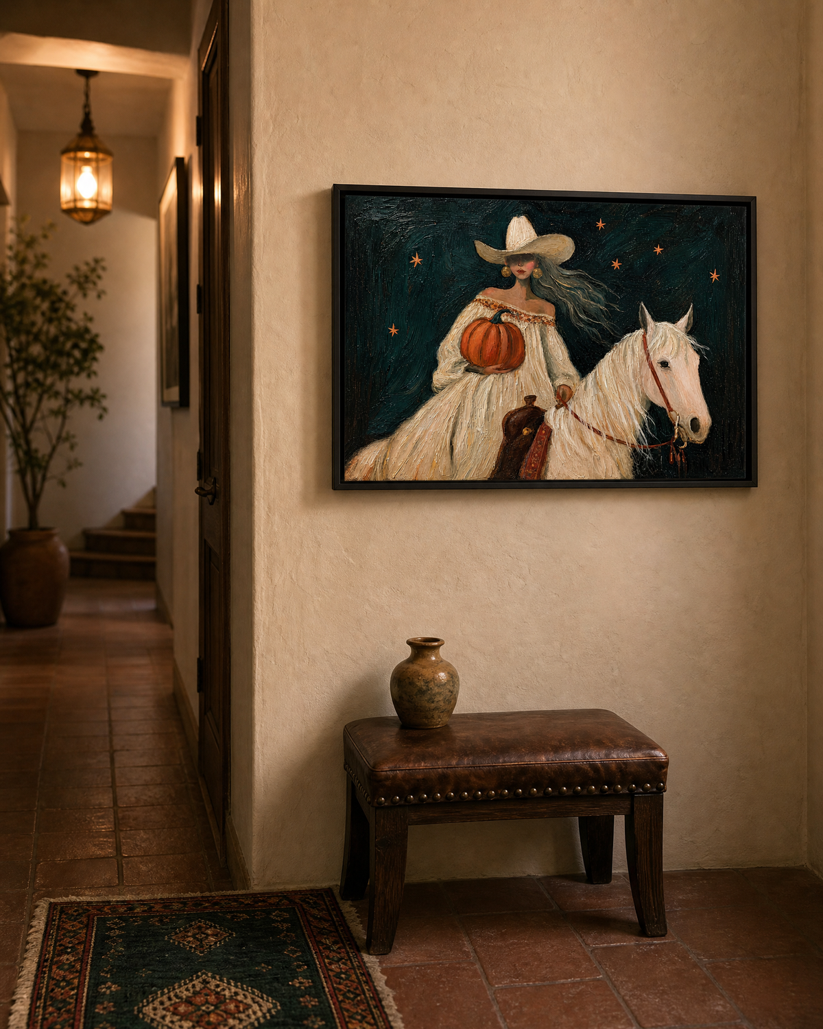 Cowgirl with Pumpkin on White Horse