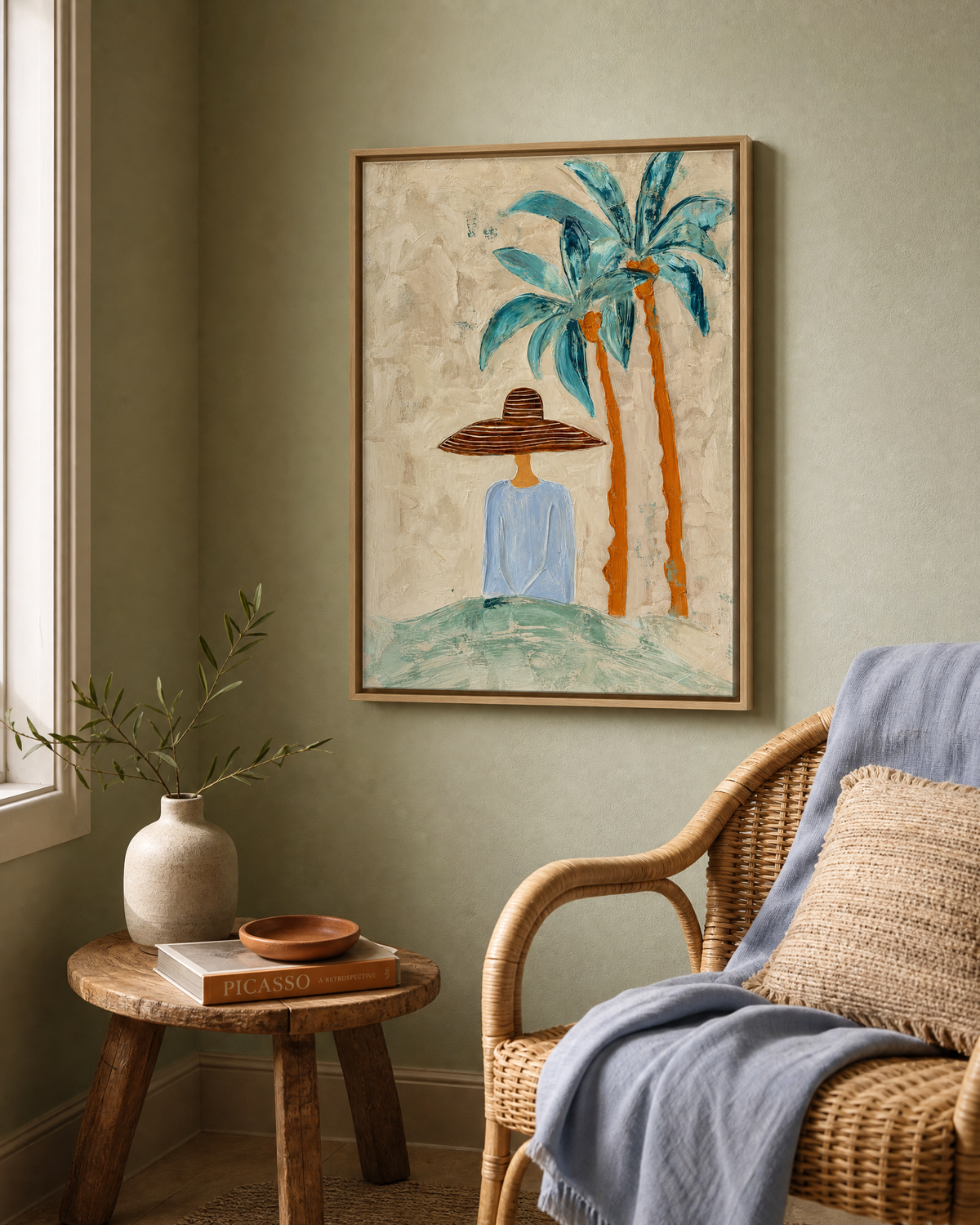 Woman in Sun Hat Beneath Teal Palms