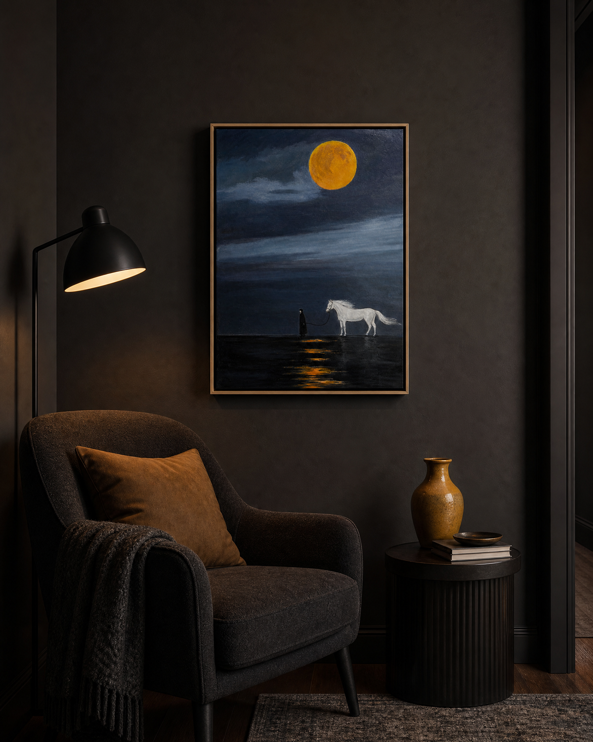 Leading the White Horse Under an Amber Moon