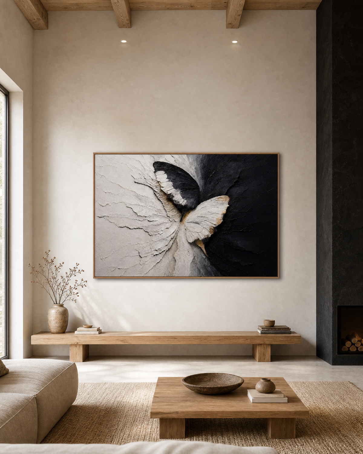 Butterfly in Black and White Textured Plaster