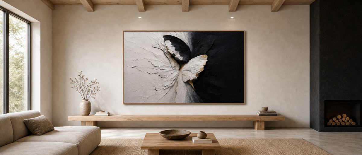 Butterfly in Black and White Textured Plaster
