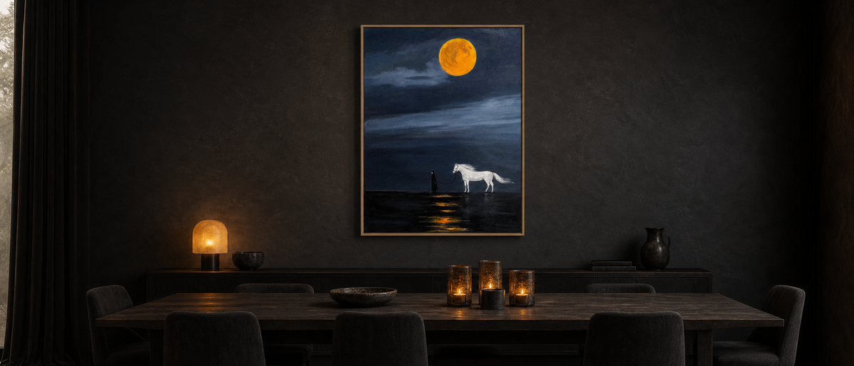 Leading the White Horse Under an Amber Moon